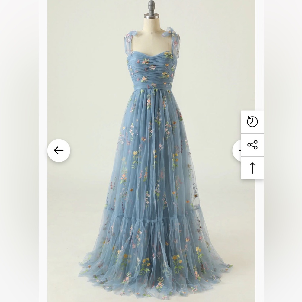 Dusty Blue Embroidered Tulle Formal Dress